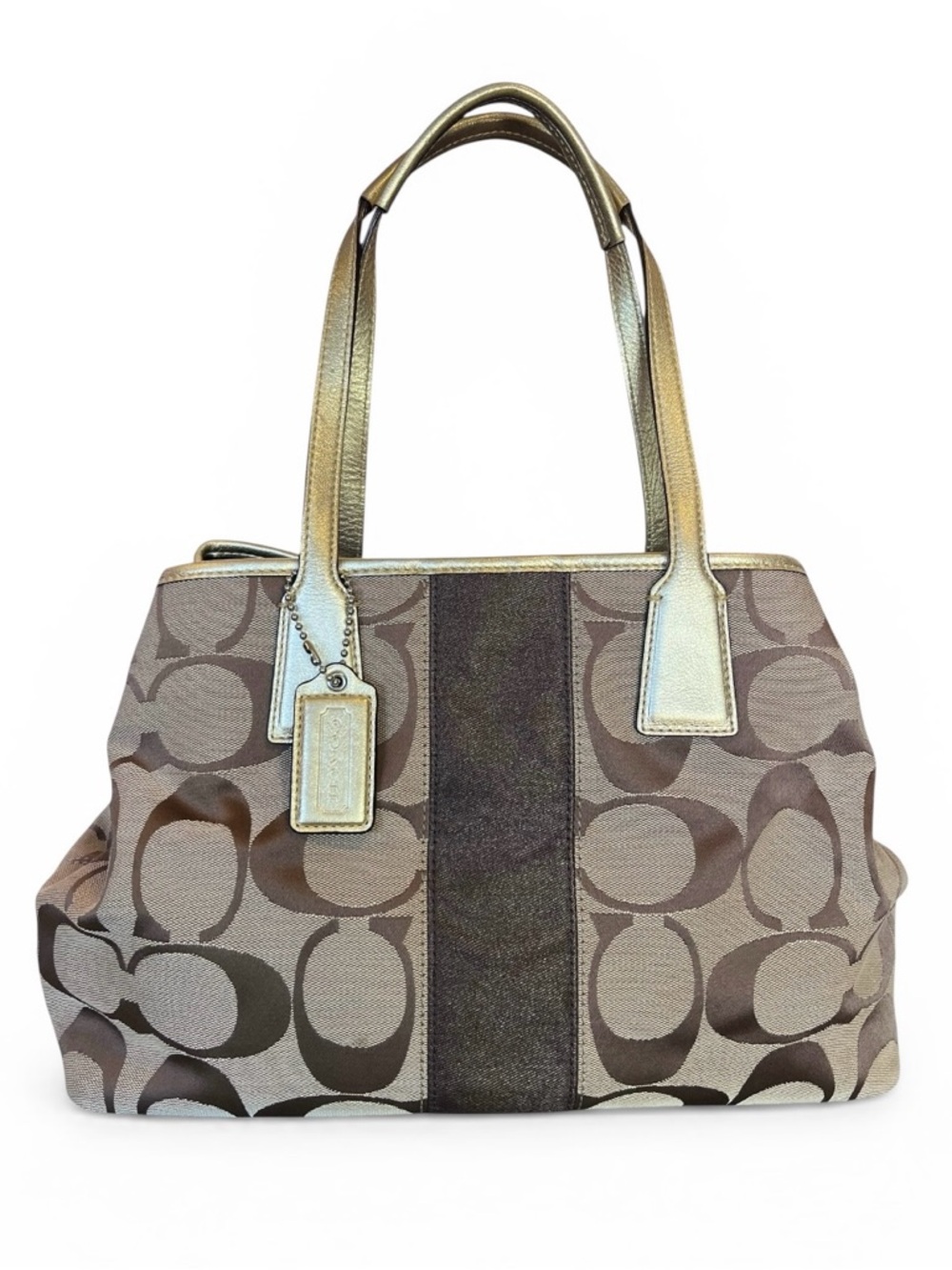 Coach Khaki Gold Y2K Vintage Kisslock Signature Stripe Framed Carryall Tote Bag - Picture 15 of 15